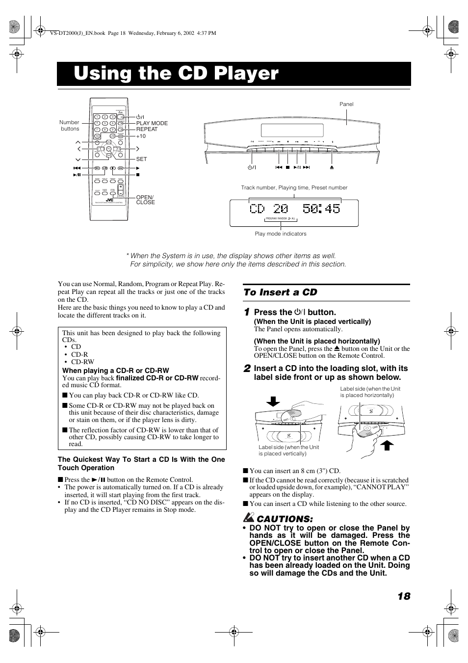 Using the cd player, Cautions, Press the % button | JVC CA-VSDT2000 User Manual | Page 21 / 32