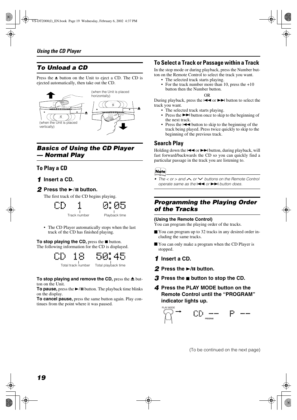 Search play, Programming the playing order of the tracks | JVC CA-VSDT2000 User Manual | Page 22 / 32