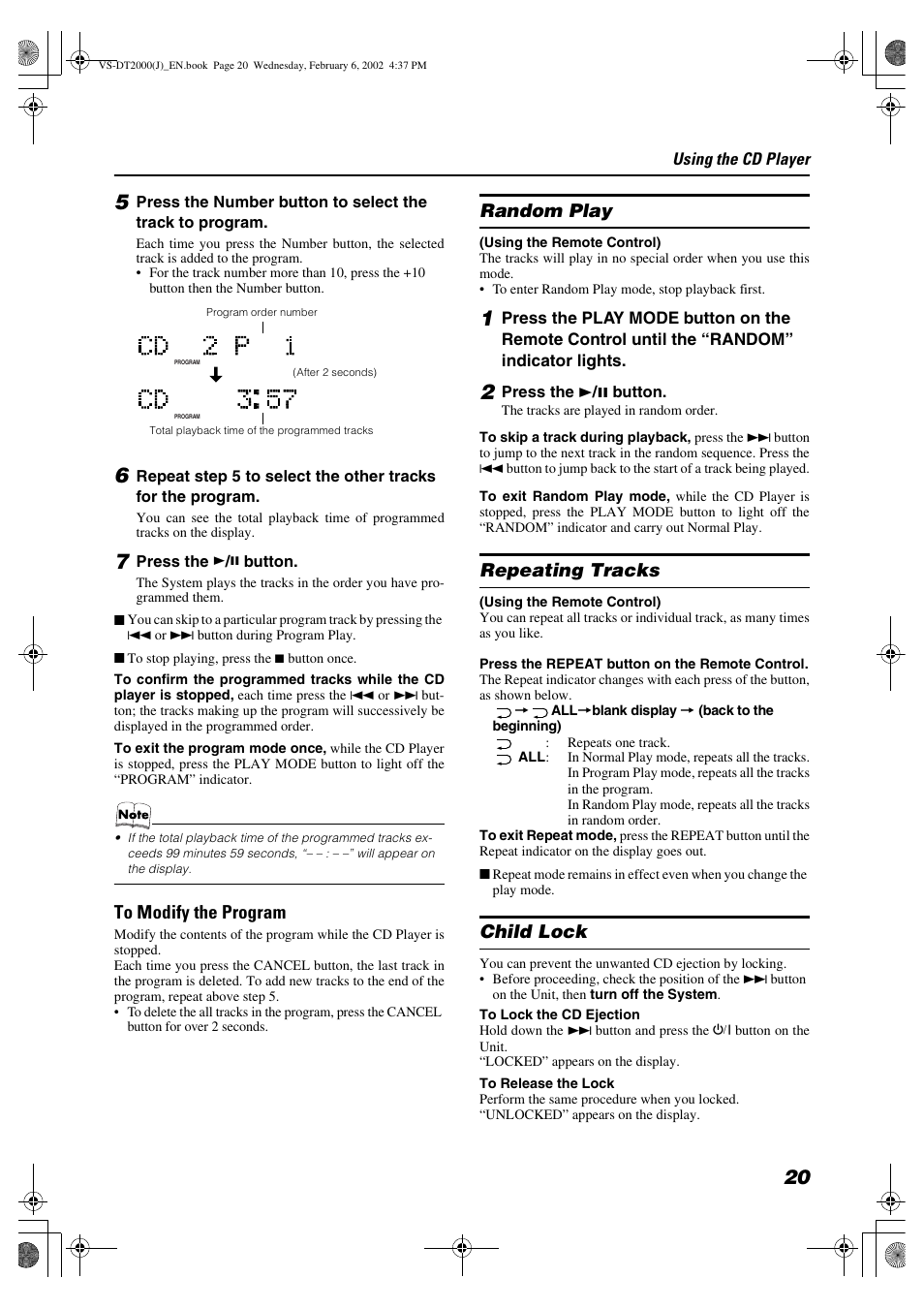 Random play, Repeating tracks, Child lock | JVC CA-VSDT2000 User Manual | Page 23 / 32