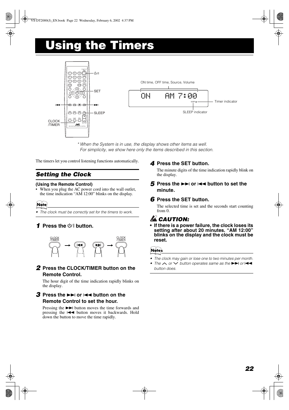 Using the timers, Setting the clock, Caution | Press the % button, Press the clock/timer button on the remote control, Press the set button, Press the ¢ or 4 button to set the minute | JVC CA-VSDT2000 User Manual | Page 25 / 32