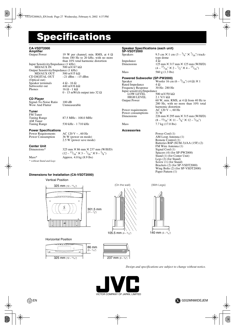 Specifications, Back cover | JVC CA-VSDT2000 User Manual | Page 32 / 32