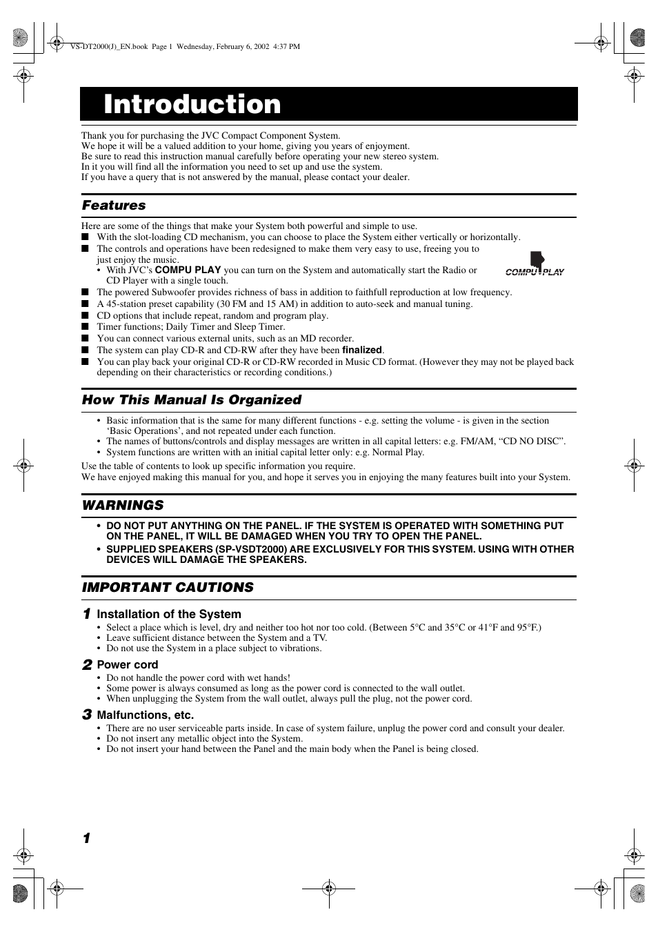 Introduction | JVC CA-VSDT2000 User Manual | Page 4 / 32