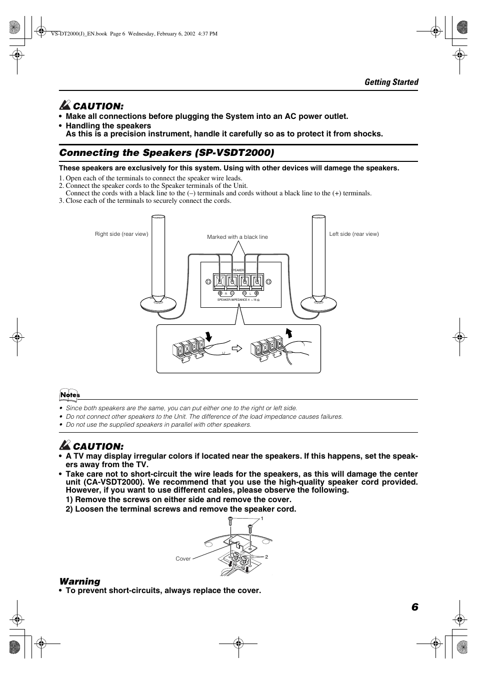 Connecting the speakers (sp-vsdt2000), Caution, Warning | Getting started | JVC CA-VSDT2000 User Manual | Page 9 / 32