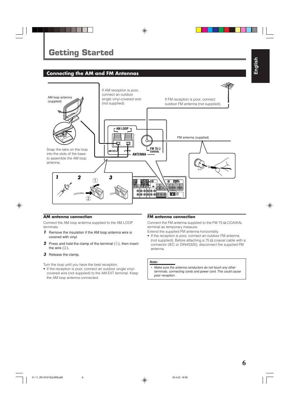 Getting started, English, Connecting the am and fm antennas | Am antenna connection, Fm antenna connection | JVC RX-DV31 User Manual | Page 11 / 80