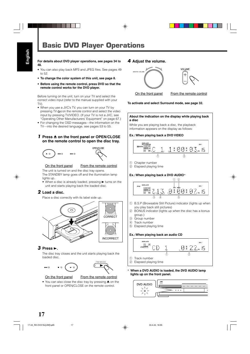 Basic dvd player operations, English, Load a disc | Press 3, Adjust the volume, On /of f surr ound mo de, On the front panel from the remote control, Place a disc correctly with its label side up | JVC RX-DV31 User Manual | Page 22 / 80