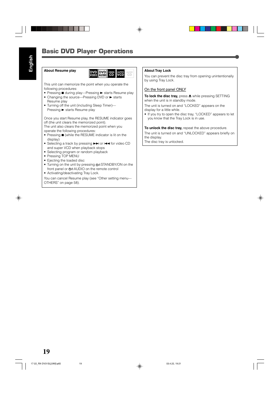 Basic dvd player operations, English | JVC RX-DV31 User Manual | Page 24 / 80