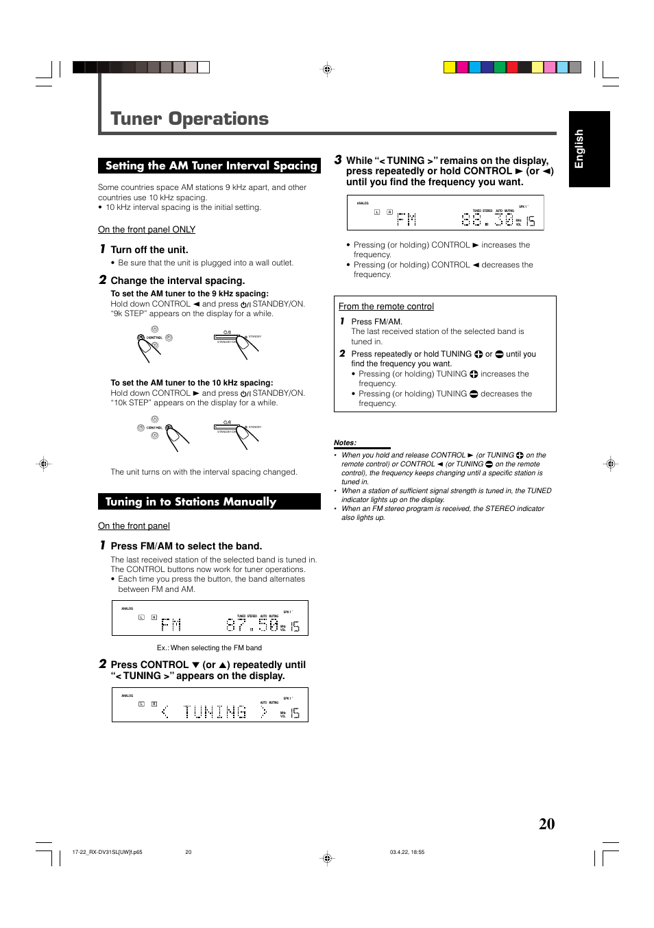 Tuner operations, English, Setting the am tuner interval spacing | Tuning in to stations manually, Turn off the unit, Change the interval spacing, Press fm/am to select the band, On the front panel only, On the front panel | JVC RX-DV31 User Manual | Page 25 / 80