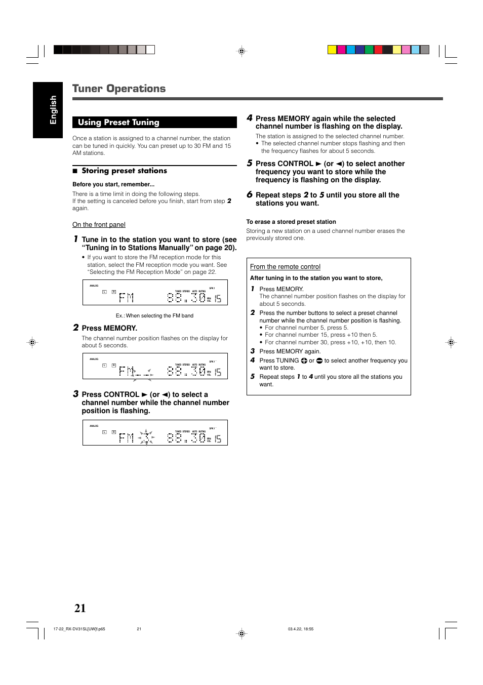 Tuner operations, English using preset tuning, 7 storing preset stations | On the front panel, After tuning in to the station you want to store | JVC RX-DV31 User Manual | Page 26 / 80