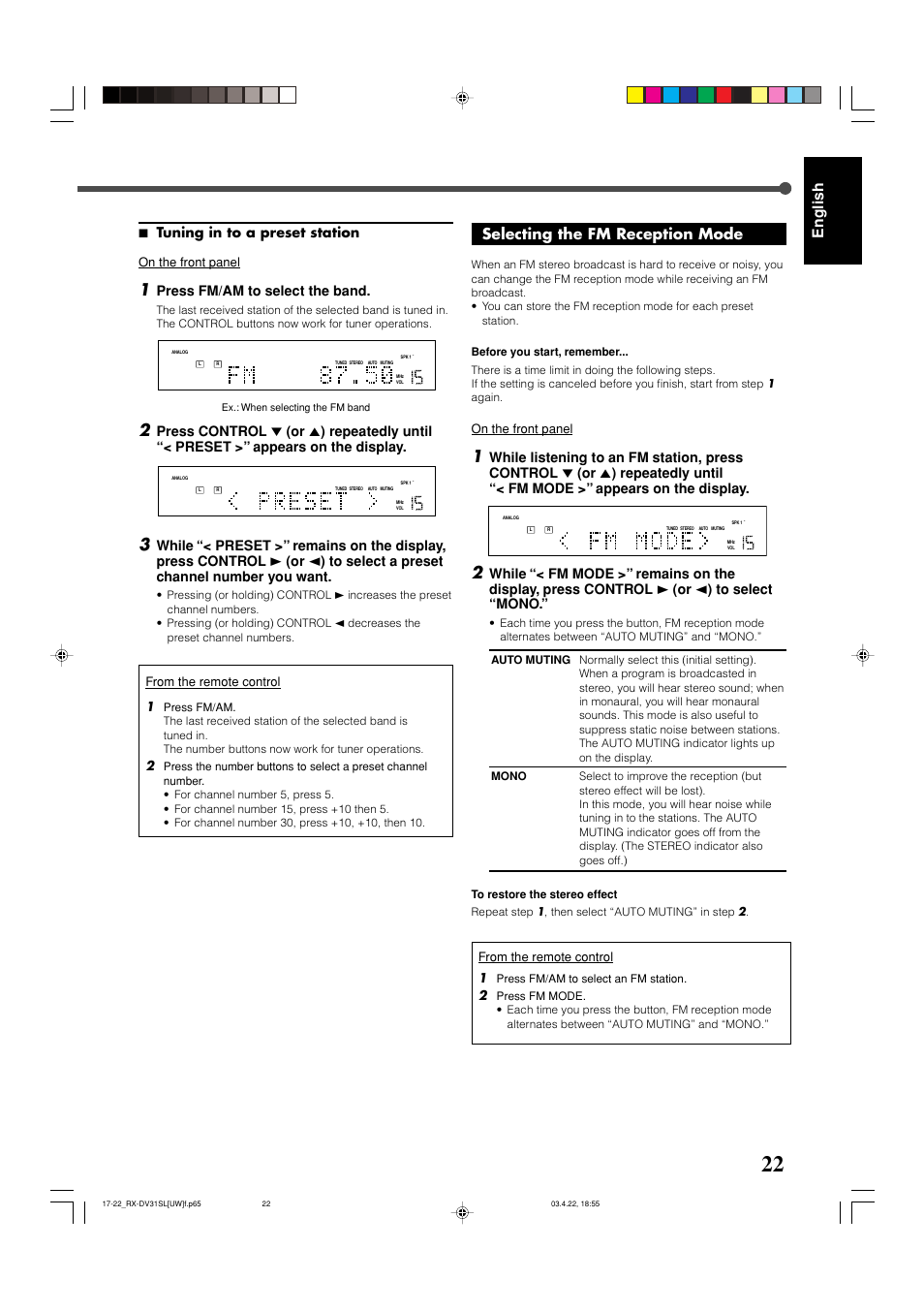 English, Selecting the fm reception mode, 7 tuning in to a preset station | Press fm/am to select the band, On the front panel, Press fm/am to select an fm station | JVC RX-DV31 User Manual | Page 27 / 80