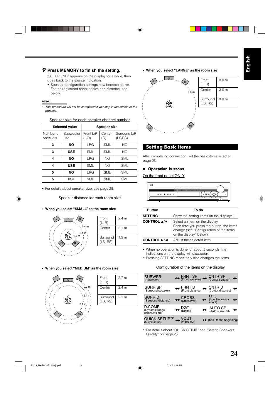 English, Setting basic items | JVC RX-DV31 User Manual | Page 29 / 80