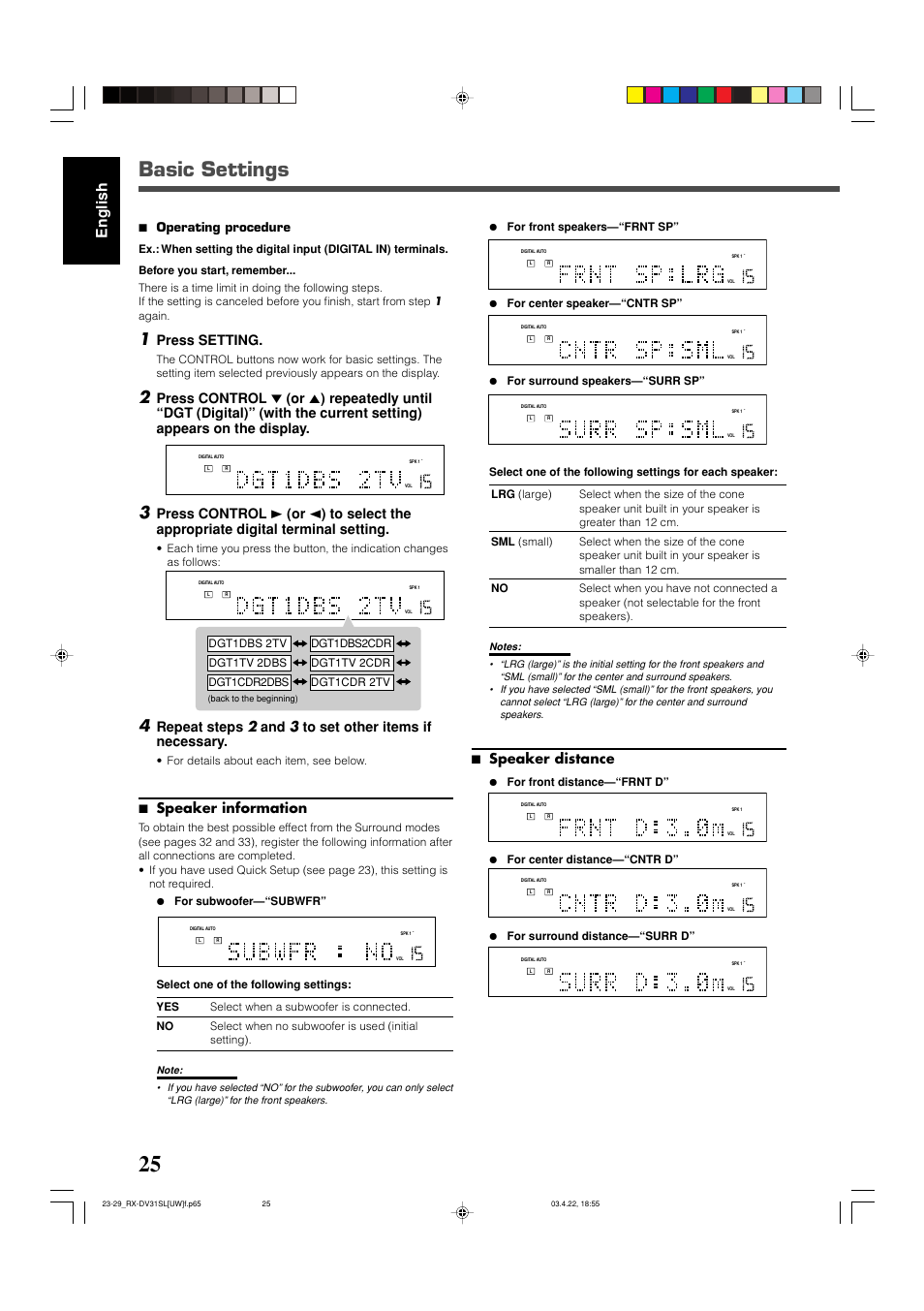 Basic settings, English, Press setting | 7 speaker information, 7 speaker distance, 7 operating procedure, For details about each item, see below, Back to the beginning) | JVC RX-DV31 User Manual | Page 30 / 80