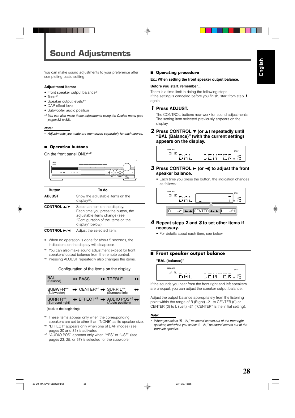 Sound adjustments, English, Press adjust | 7 front speaker output balance, 7 operation buttons on the front panel only, Configuration of the items on the display, 7 operating procedure, Subwfr, Bass treble center, Surr r | JVC RX-DV31 User Manual | Page 33 / 80