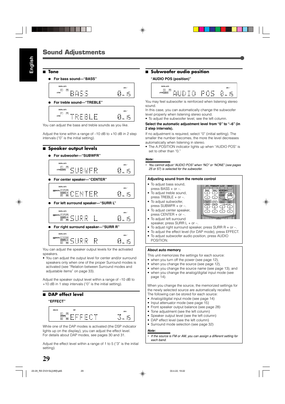 Sound adjustments, English, 7 tone | 7 speaker output levels, 7 dap effect level, 7 subwoofer audio position | JVC RX-DV31 User Manual | Page 34 / 80