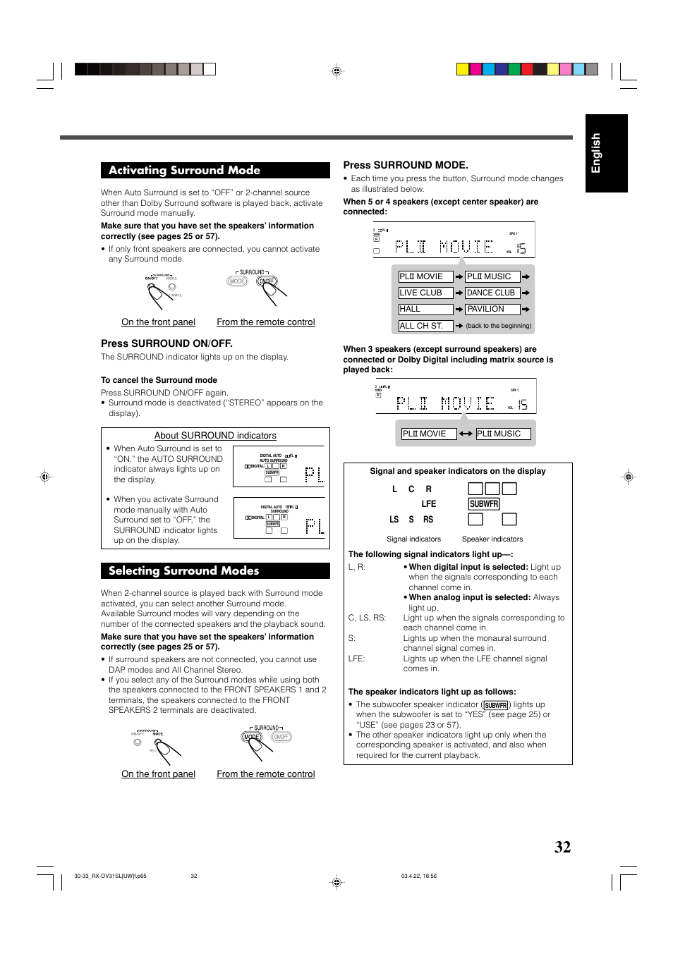English, Activating surround mode, Selecting surround modes | Press surround mode, Press surround on/off, On the front panel from the remote control, About surround indicators | JVC RX-DV31 User Manual | Page 37 / 80