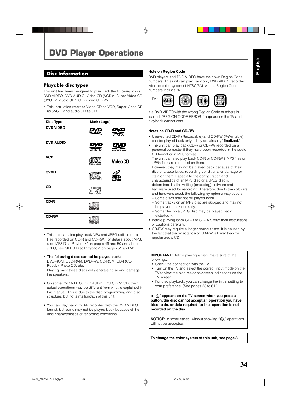 Dvd player operations, English, Disc information | JVC RX-DV31 User Manual | Page 39 / 80
