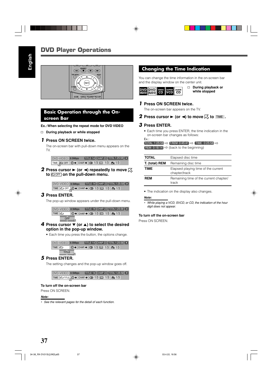 Dvd player operations, English changing the time indication, Basic operation through the on- screen bar | JVC RX-DV31 User Manual | Page 42 / 80