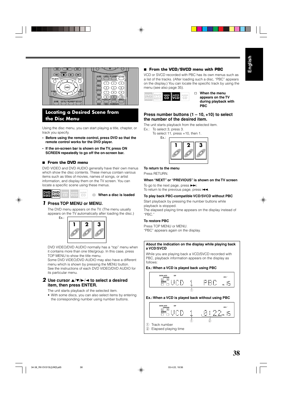 Press top menu or menu, 7 from the dvd menu, 7 from the vcd/svcd menu with pbc | JVC RX-DV31 User Manual | Page 43 / 80