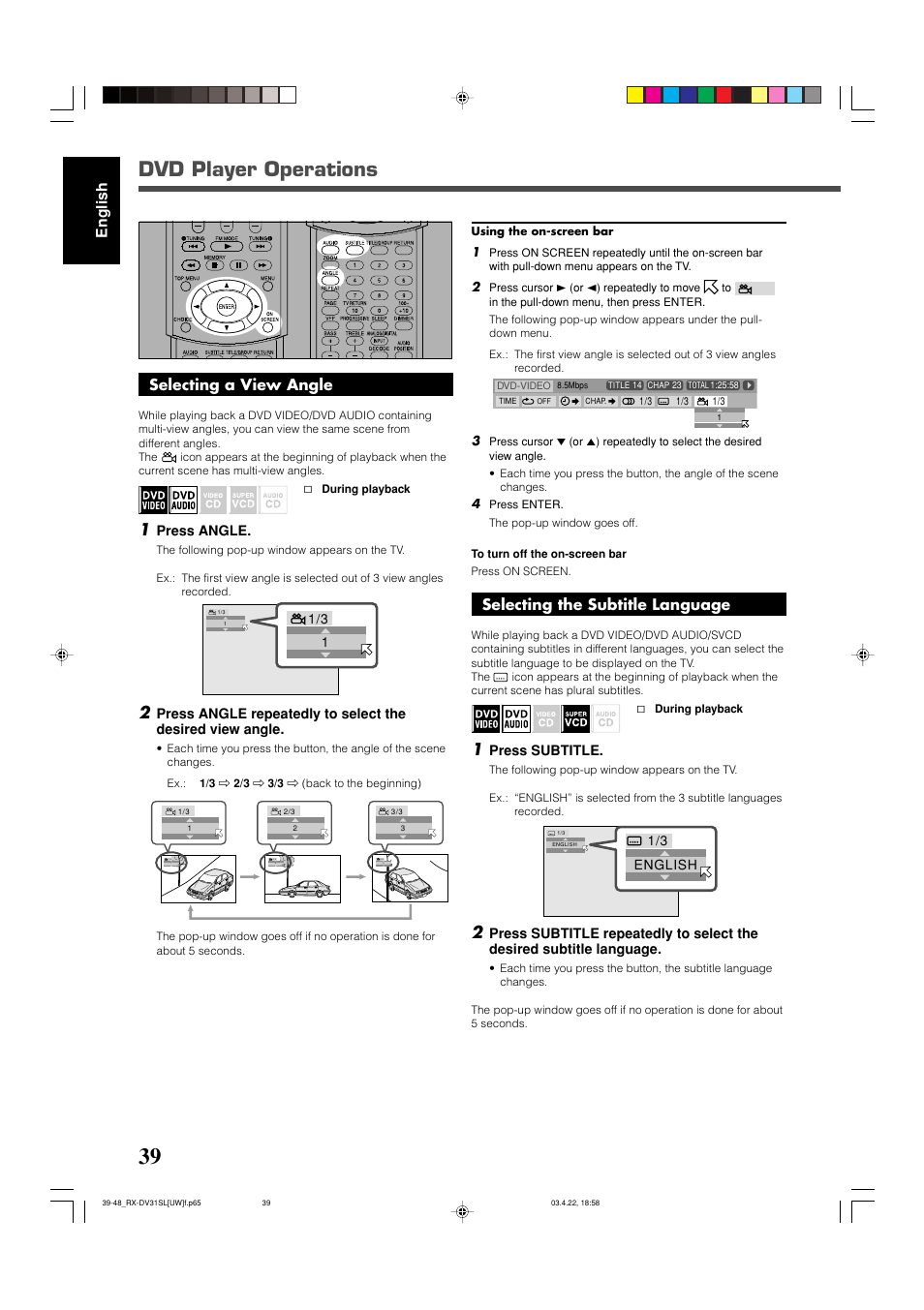 Dvd player operations, English selecting the subtitle language, Selecting a view angle | Press subtitle, Press angle | JVC RX-DV31 User Manual | Page 44 / 80