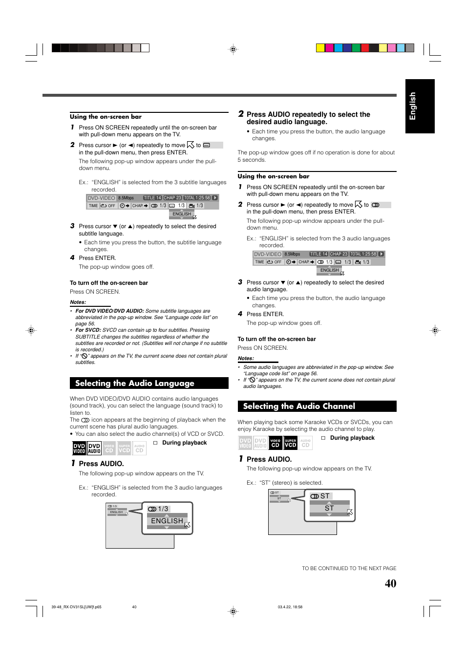 English, Selecting the audio language, Selecting the audio channel | JVC RX-DV31 User Manual | Page 45 / 80