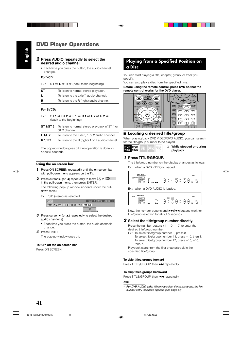 Dvd player operations, 7 locating a desired title/group, Press title/group | Select the title/group number directly | JVC RX-DV31 User Manual | Page 46 / 80