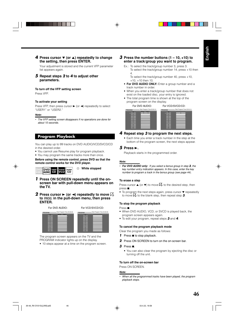English, Program playback, Repeat step 3 to program the next steps | Press 3, Repeat steps 2 to 4 to adjust other parameters, Press cursor 3 (or 2 ) repeatedly to move to | JVC RX-DV31 User Manual | Page 51 / 80