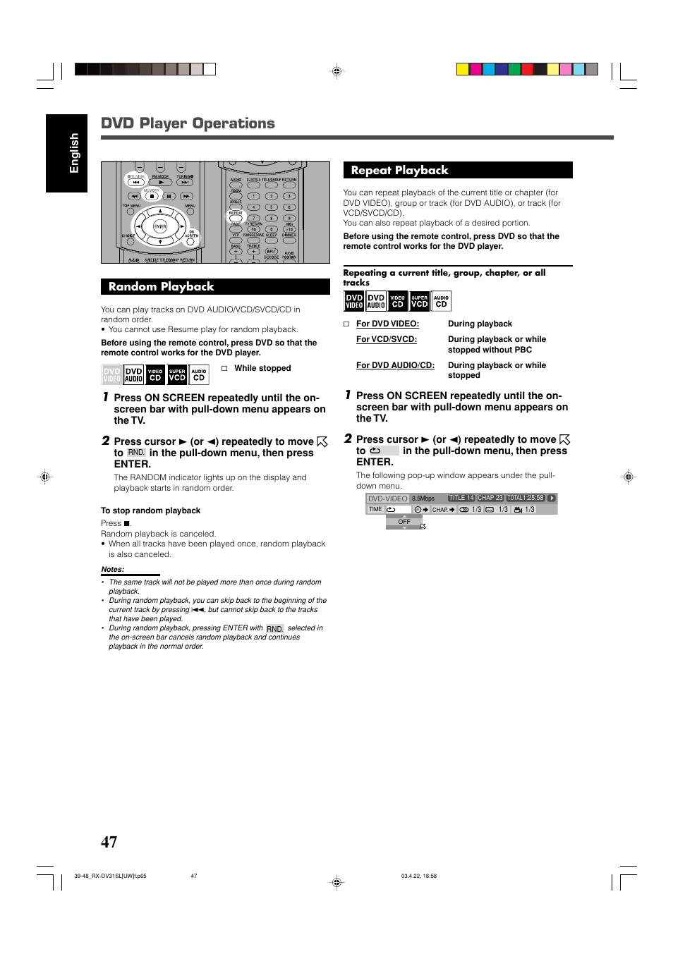 Dvd player operations | JVC RX-DV31 User Manual | Page 52 / 80