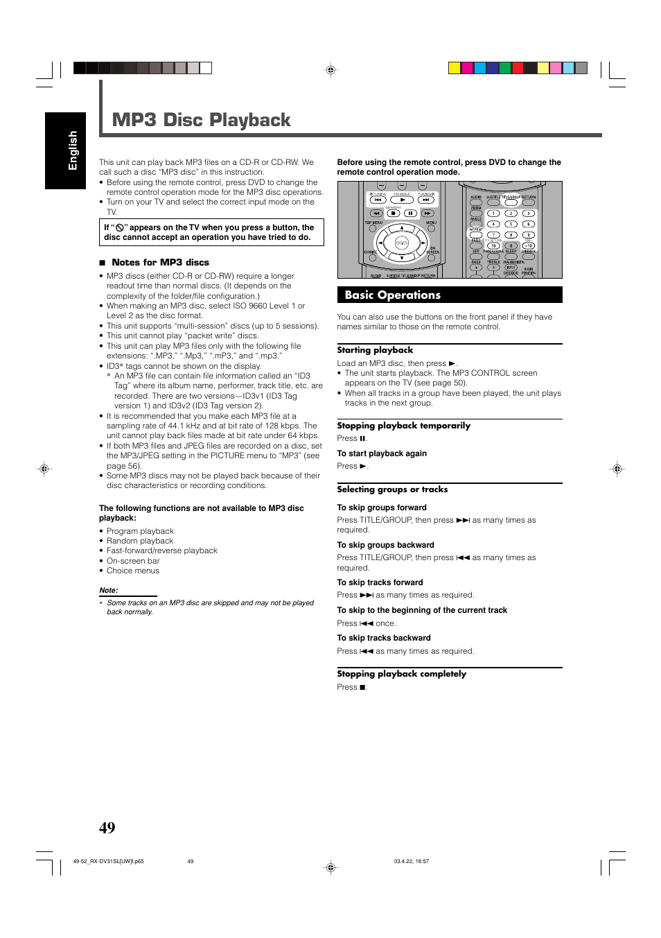 Mp3 disc playback, English, Basic operations | JVC RX-DV31 User Manual | Page 54 / 80