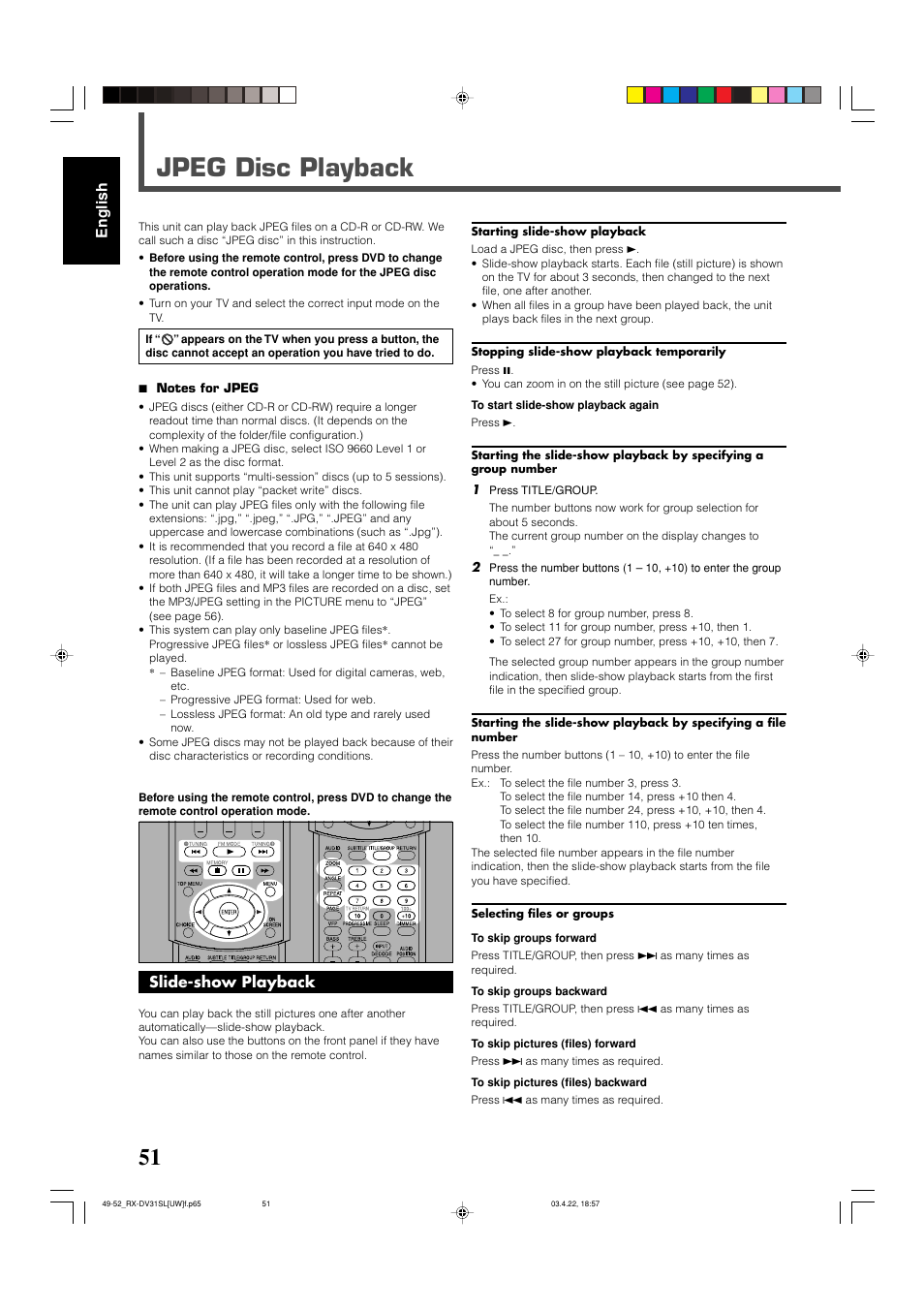 Jpeg disc playback, English, Slide-show playback | JVC RX-DV31 User Manual | Page 56 / 80