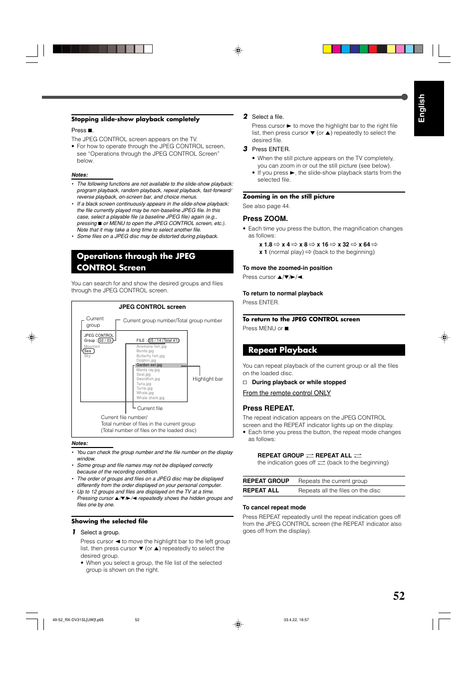 English, Operations through the jpeg control screen, Repeat playback | JVC RX-DV31 User Manual | Page 57 / 80