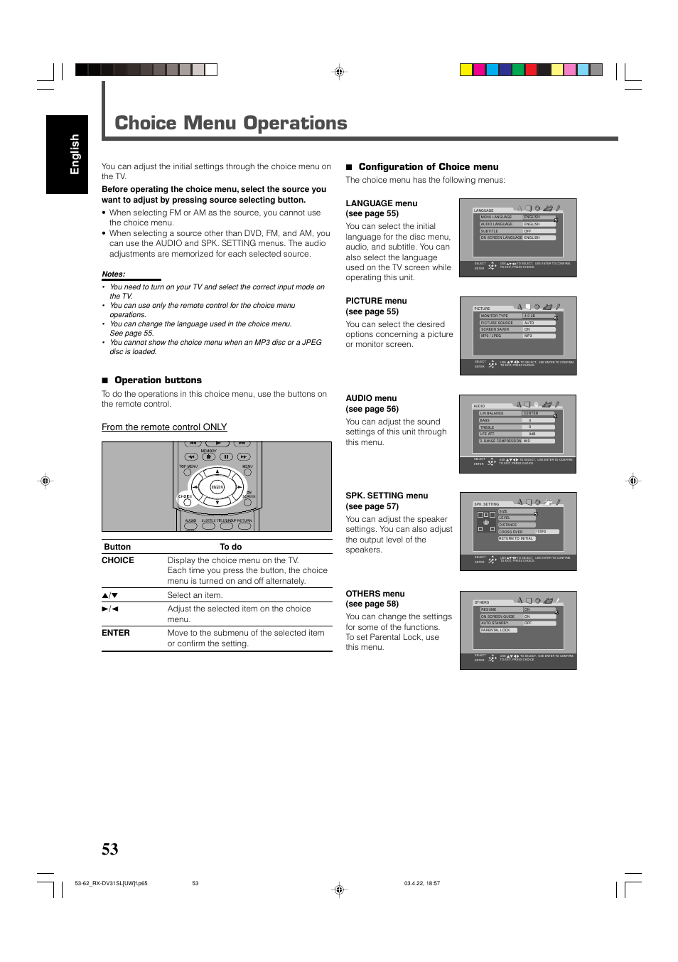 Choice menu operations, English, 7 operation buttons | 7 configuration of choice menu | JVC RX-DV31 User Manual | Page 58 / 80