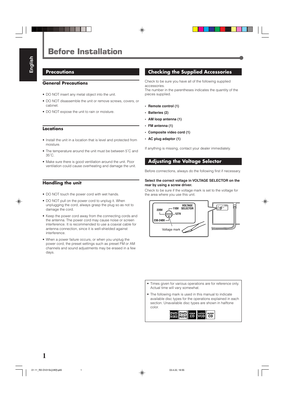 Before installation, English precautions, Checking the supplied accessories | Adjusting the voltage selector, General precautions, Locations, Handling the unit | JVC RX-DV31 User Manual | Page 6 / 80