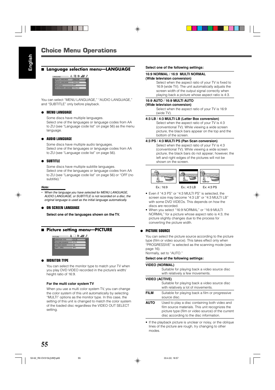 Choice menu operations, English, 7 language selection menu—language | 7 picture setting menu—picture | JVC RX-DV31 User Manual | Page 60 / 80