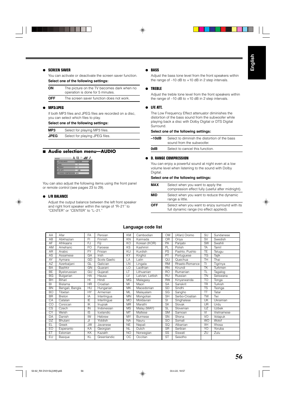 English, 7 audio selection menu—audio, Language code list | JVC RX-DV31 User Manual | Page 61 / 80