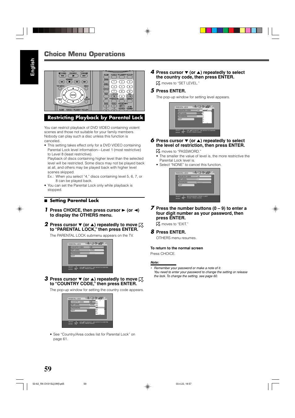 Choice menu operations, English restricting playback by parental lock, 7 setting parental lock | Press enter | JVC RX-DV31 User Manual | Page 64 / 80