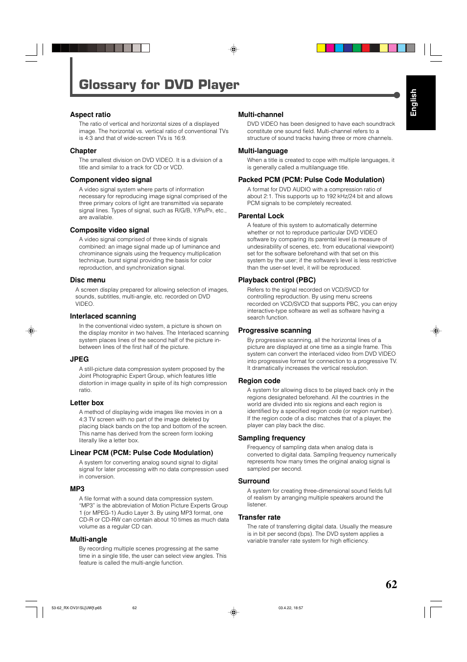 Glossary for dvd player | JVC RX-DV31 User Manual | Page 67 / 80