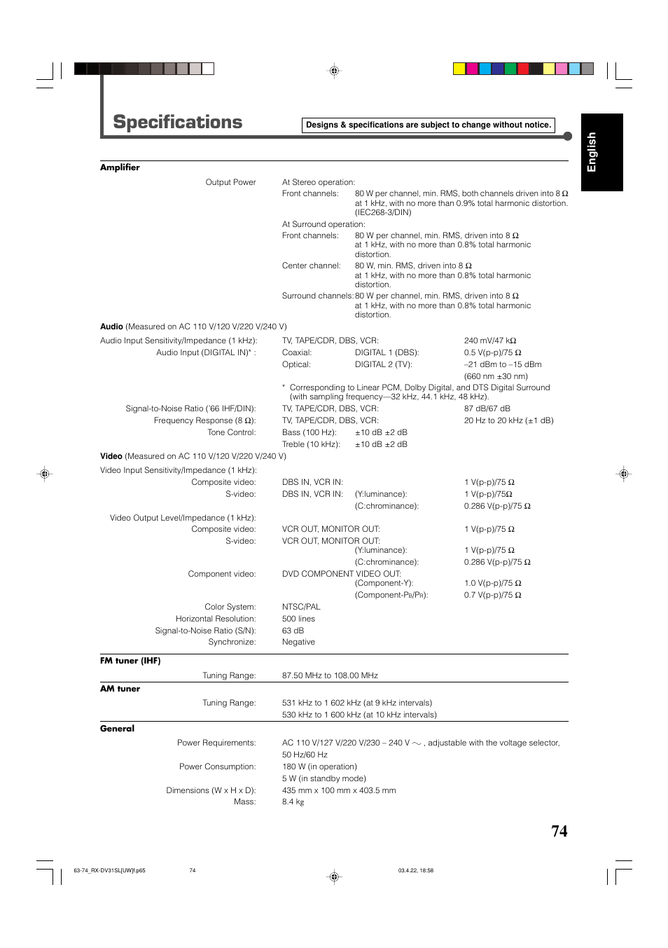 Specifications, English | JVC RX-DV31 User Manual | Page 79 / 80