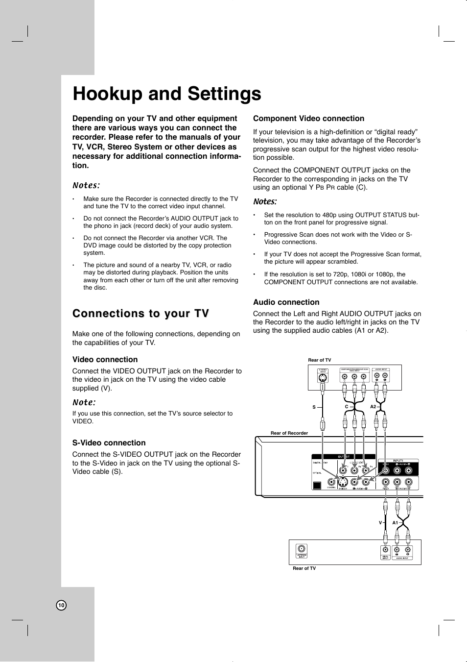 Hookup and settings, Connections to your tv, Video connection | S-video connection, Component video connection, Audio connection | JVC LVT2013-001A User Manual | Page 14 / 54