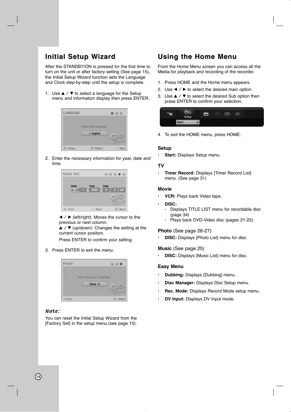 Initial setup w, Initial setup w izard izard, Using the home menu | JVC LVT2013-001A User Manual | Page 18 / 54