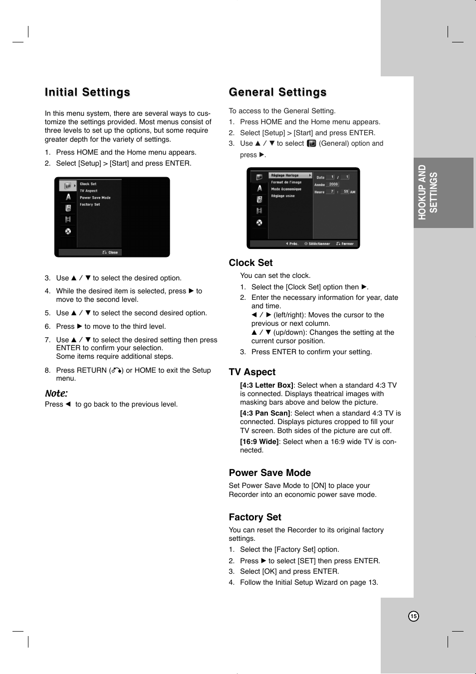 Initial settings, General settings, Hookup and settings | Clock set, Tv aspect, Power save mode, Factory set | JVC LVT2013-001A User Manual | Page 19 / 54