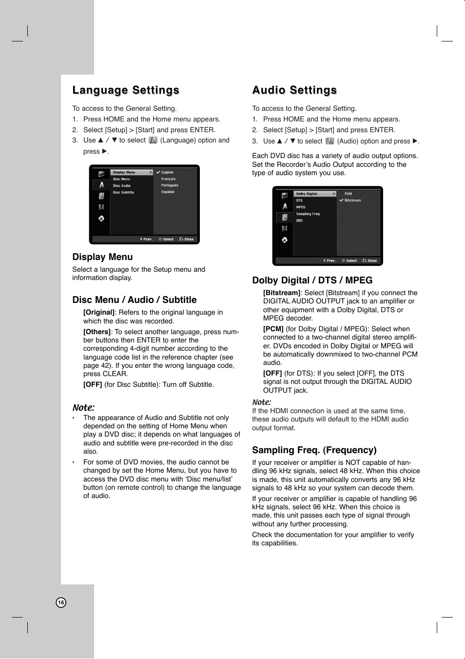 Language settings, Audio settings, Display menu | Disc menu / audio / subtitle, Dolby digital / dts / mpeg, Sampling freq. (frequency) | JVC LVT2013-001A User Manual | Page 20 / 54