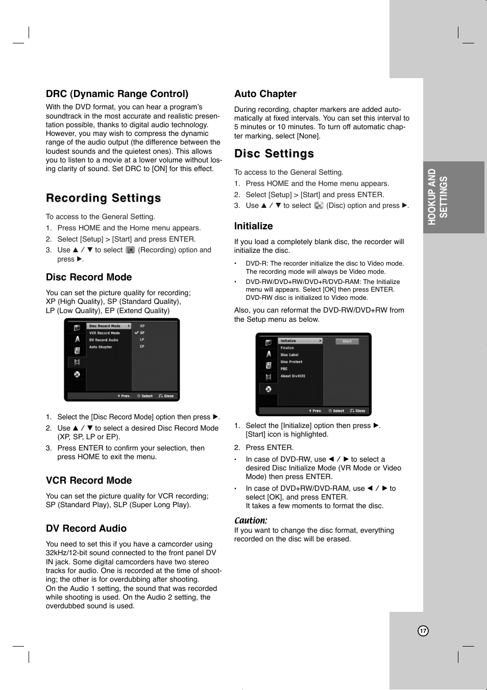 Recording settings, Disc settings, Hookup and settings drc (dynamic range control) | Disc record mode, Vcr record mode, Dv record audio, Auto chapter, Initialize | JVC LVT2013-001A User Manual | Page 21 / 54