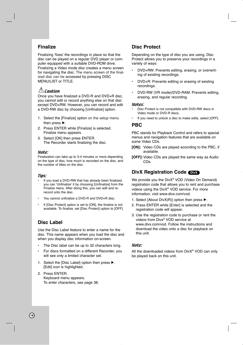 Finalize, Disc label, Disc protect | Divx registration code | JVC LVT2013-001A User Manual | Page 22 / 54