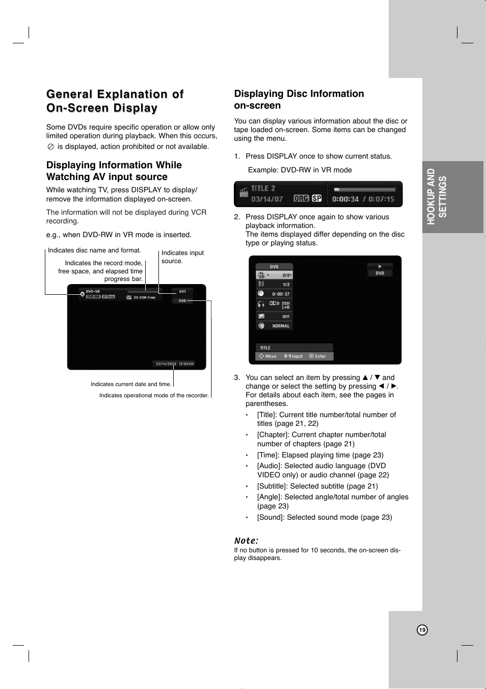 General explanation of, Hookup and settings, Displaying disc information on-screen | JVC LVT2013-001A User Manual | Page 23 / 54