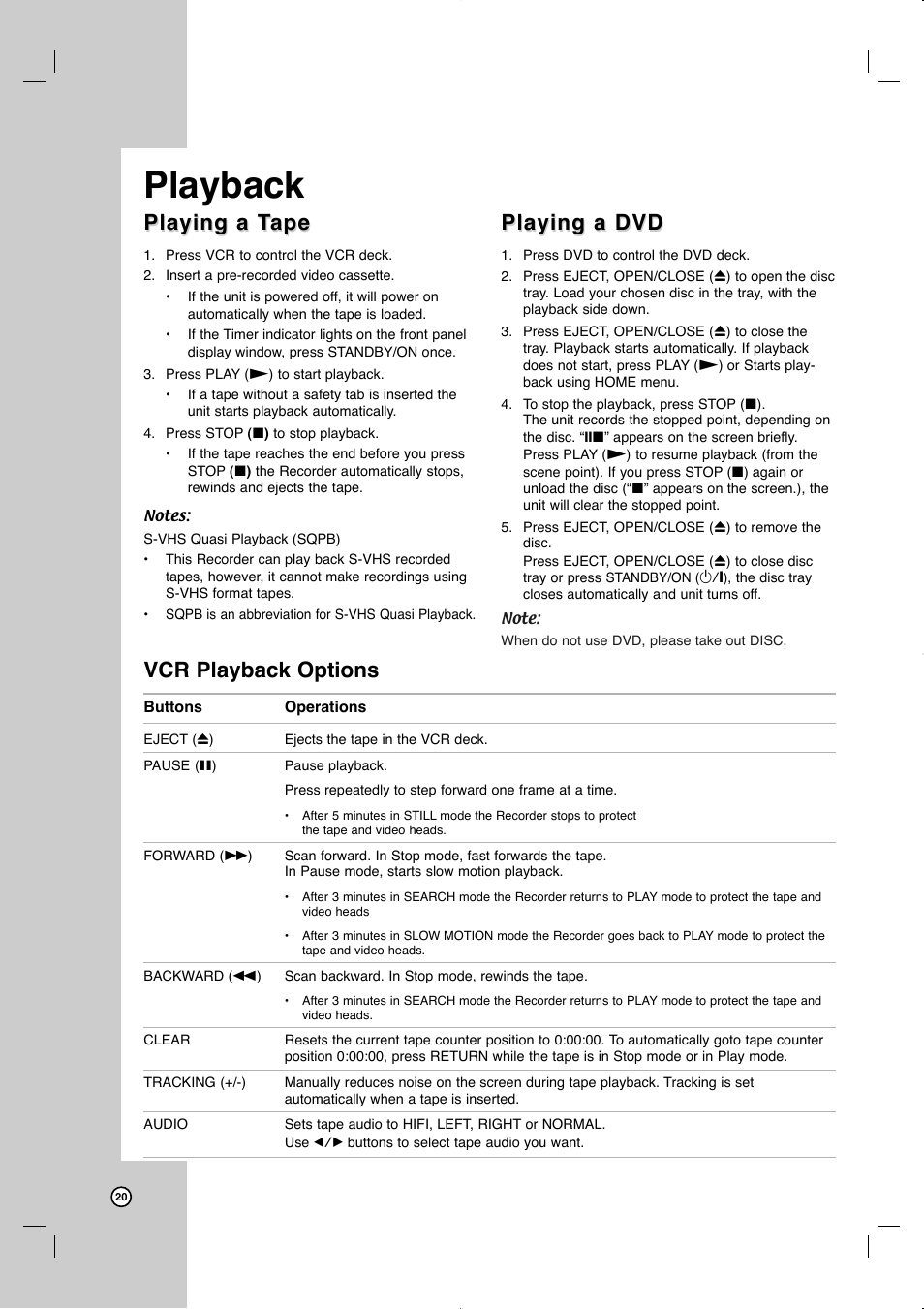 Playback, Playing a t, Playing a t ape ape | Playing a dvd, Vcr playback options | JVC LVT2013-001A User Manual | Page 24 / 54