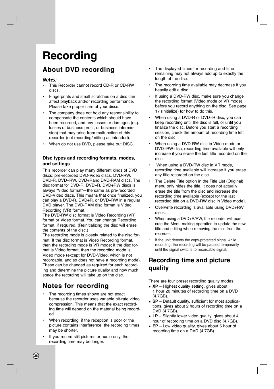 Recording, About dvd recording, Recording time and picture quality | JVC LVT2013-001A User Manual | Page 32 / 54
