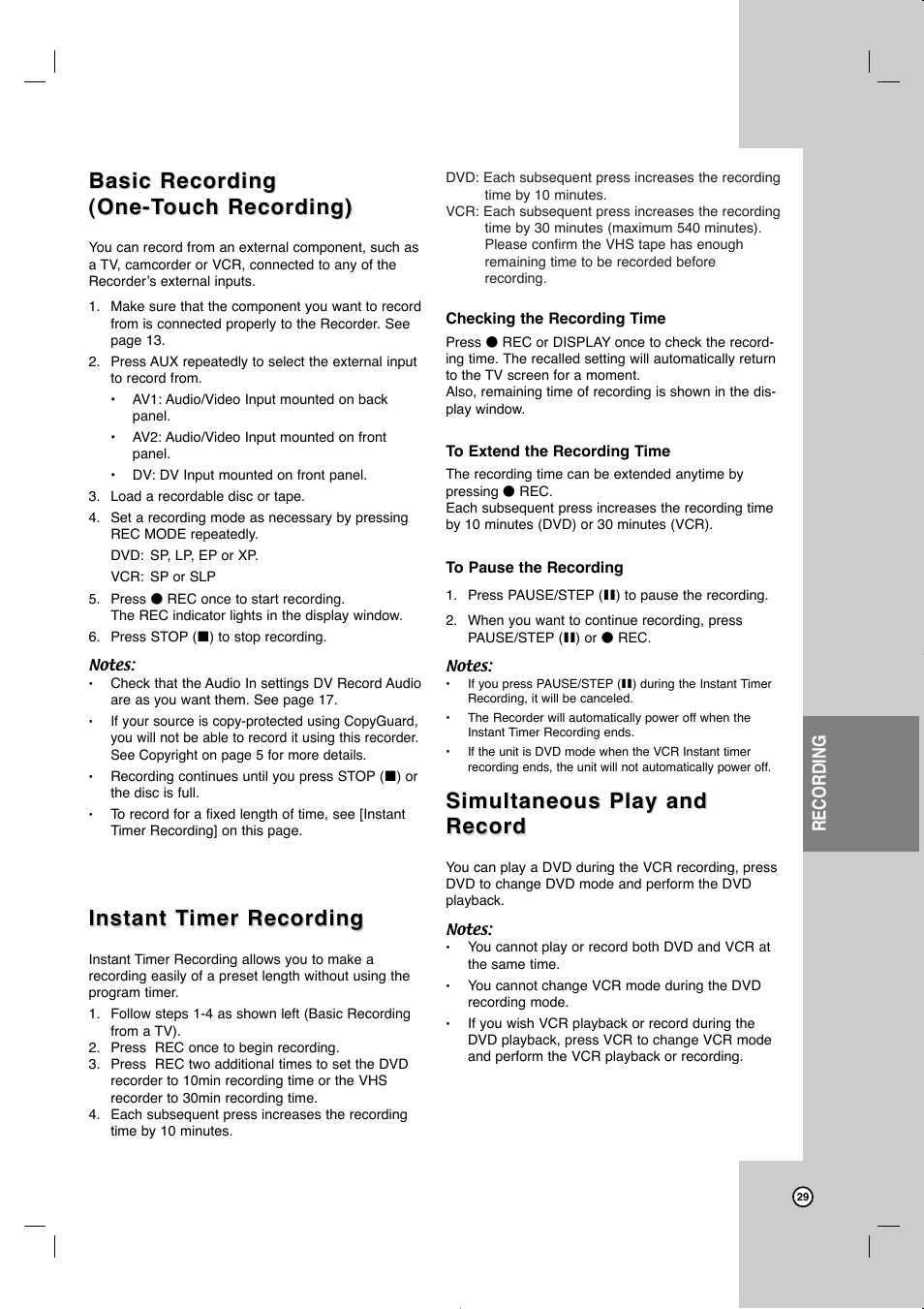 Basic recording, Instant t, Instant t imer recording imer recording | Simultaneous play and, Simultaneous play and record record, Recording | JVC LVT2013-001A User Manual | Page 33 / 54