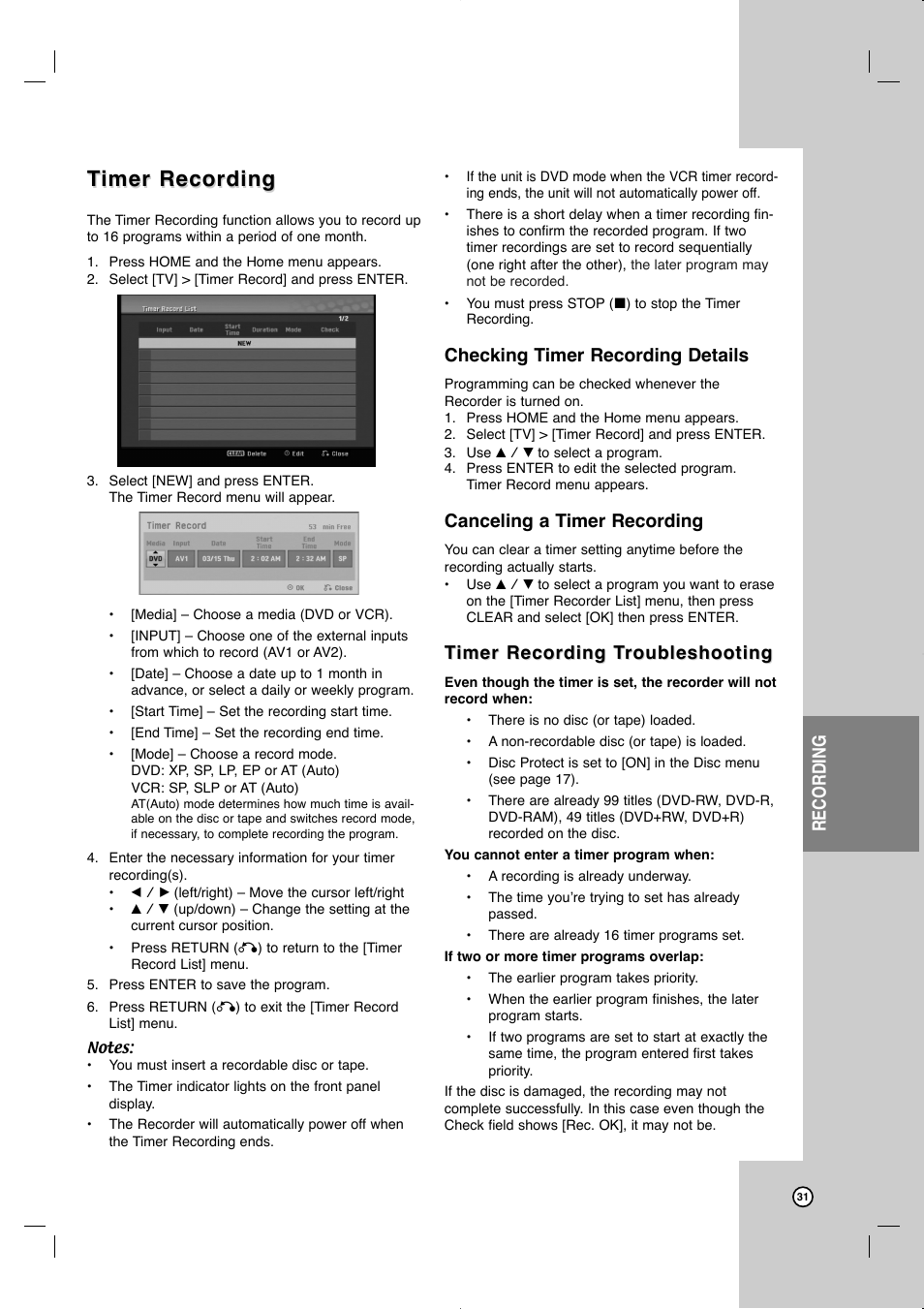 Timer recording imer recording, Recording, Checking timer recording details | Canceling a timer recording | JVC LVT2013-001A User Manual | Page 35 / 54