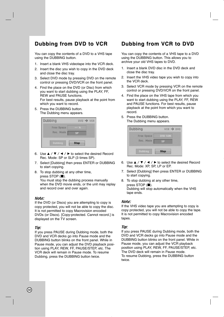 Dubbing from dvd to vcr, Dubbing from vcr to dvd | JVC LVT2013-001A User Manual | Page 36 / 54