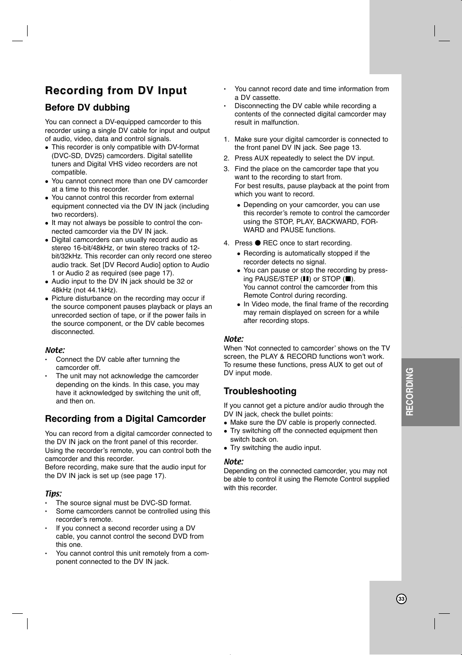 Recording from dv input, Recording, Before dv dubbing | Recording from a digital camcorder, Troubleshooting | JVC LVT2013-001A User Manual | Page 37 / 54