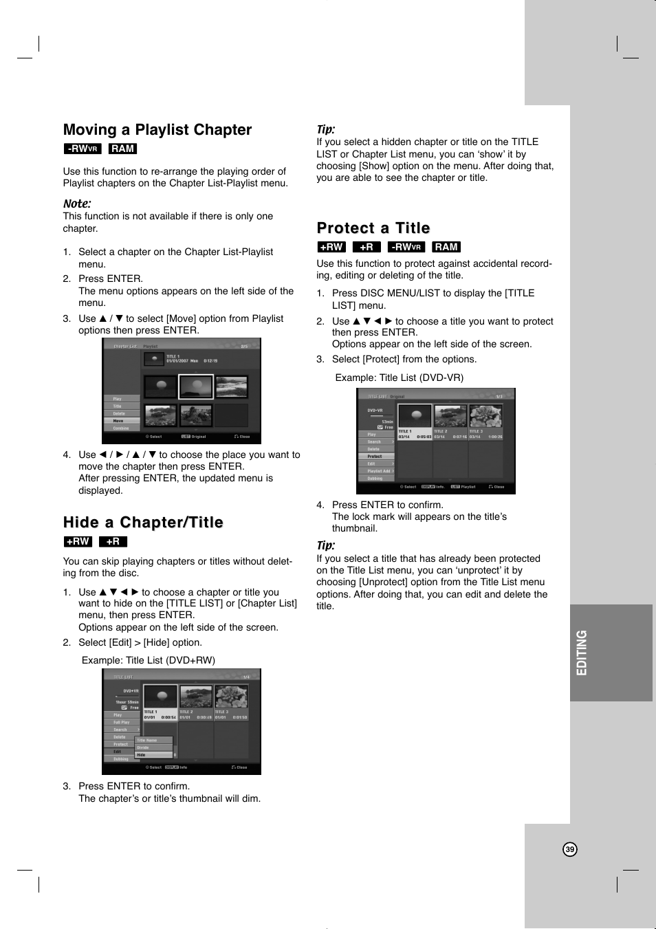 Moving a playlist chapter, Hide a chapter/t, Hide a chapter/t itle itle | Protect a t, Protect a t itle itle, Editing | JVC LVT2013-001A User Manual | Page 43 / 54